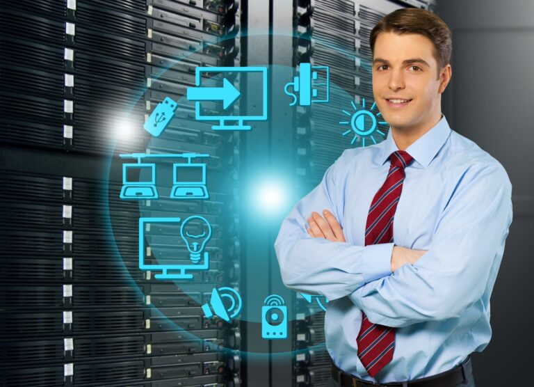 Young Business Man In Blue Shirt On Signs Background